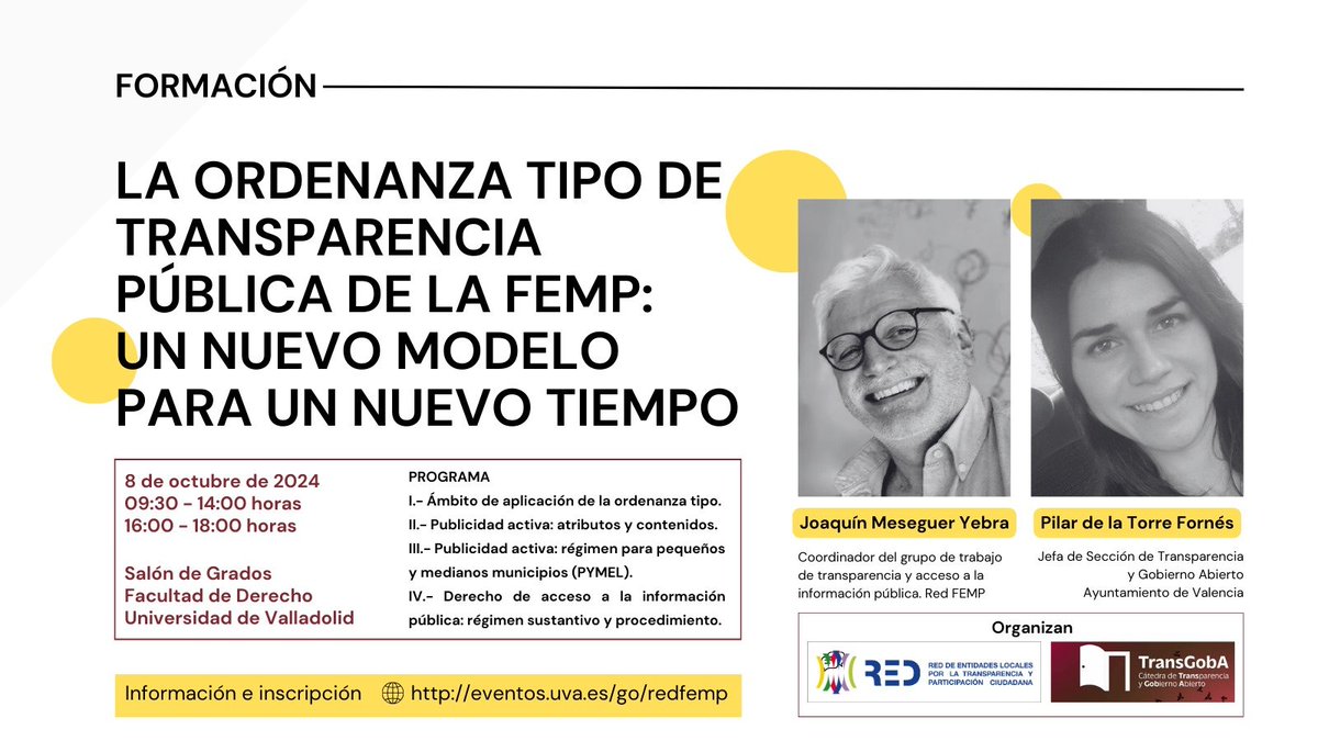 ¡Toma nota! El 8 de octubre, la <a href="/REDFEMP_TyP/">Red Transparencia y Participación - RED FEMP</a> y <a href="/TransGobAUVa/">Cátedra de Transparencia y Gobierno Abierto</a> presentarán la Ordenanza Tipo de Transparencia Pública. Puedes inscribirte aquí en este evento gratuito -&gt; bit.ly/3AnLywN <a href="/MeseguerYebra/">Joaquín Meseguer Yebra</a> <a href="/pirdefor/">Pilar de la Torre Fornés</a>