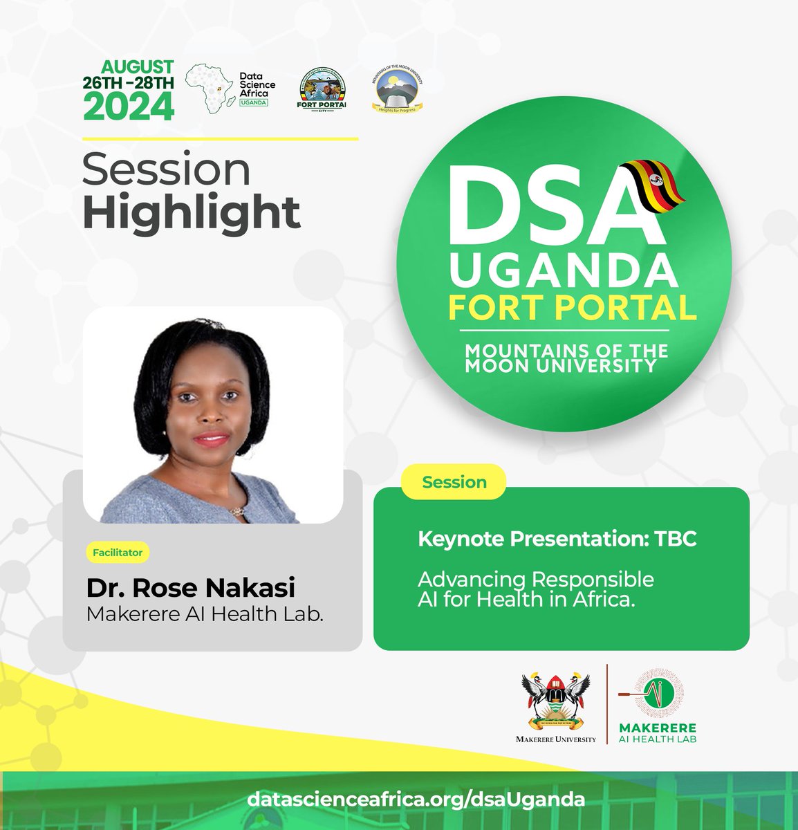 dsa_Uganda's tweet photo. ๐ Be sure to Join us at #DSAU in Fort Portal as Dr. Rose Nakasi will take the stage for a keynote on "Advancing AI for Health in Africa." Don't miss out on this game-changing discussion! #DSAU #AIinHealth #DSAU2024FortPortal https://t.co/OWyGkL8ps9