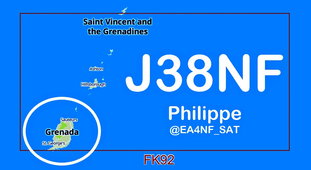 🇬🇩 𝗚𝗥𝗘𝗡𝗔𝗗𝗔 𝗜𝗦𝗟𝗔𝗡𝗗 𝗦𝗔𝗧²⁰²⁴
🟠 August 18-23
▶️ DXCC 🇬🇩 GRENADA🏝️
▶️ 🌐 FK92  #IOTA NA-024
▶️ FM LEO 🛰️ SAT
⚠️ LoTW : 𝗝𝟯𝟴𝗡𝗙
👉INFO : <a href="/EA4NF_SAT/">🇪🇸 EA4NF Philippe 🛰️</a>
📵 Holiday style

#J38NF <a href="/GridMasterMap/">GridMasterMap</a> <a href="/DAILYDX/">The Daily DX</a> <a href="/EA1CS/">𝗗𝗫 𝗜𝗡𝗙𝗢</a> <a href="/grenadanews/">Grenada News 🇬🇩</a> #AMSATRovers #amsat <a href="/k5zm_/">Ian K5ZM</a> #DXpedition