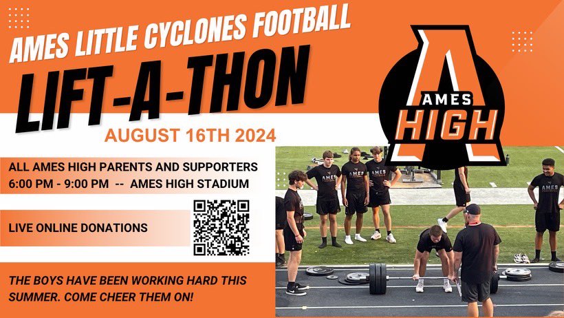 AmesHighFBall's tweet photo. Come out Friday August 16th to the Ames high school football field to support our young men as they show the hard work they’ve put in this summer!! All donations go towards the football program!!! https://t.co/qPHtoapZBD