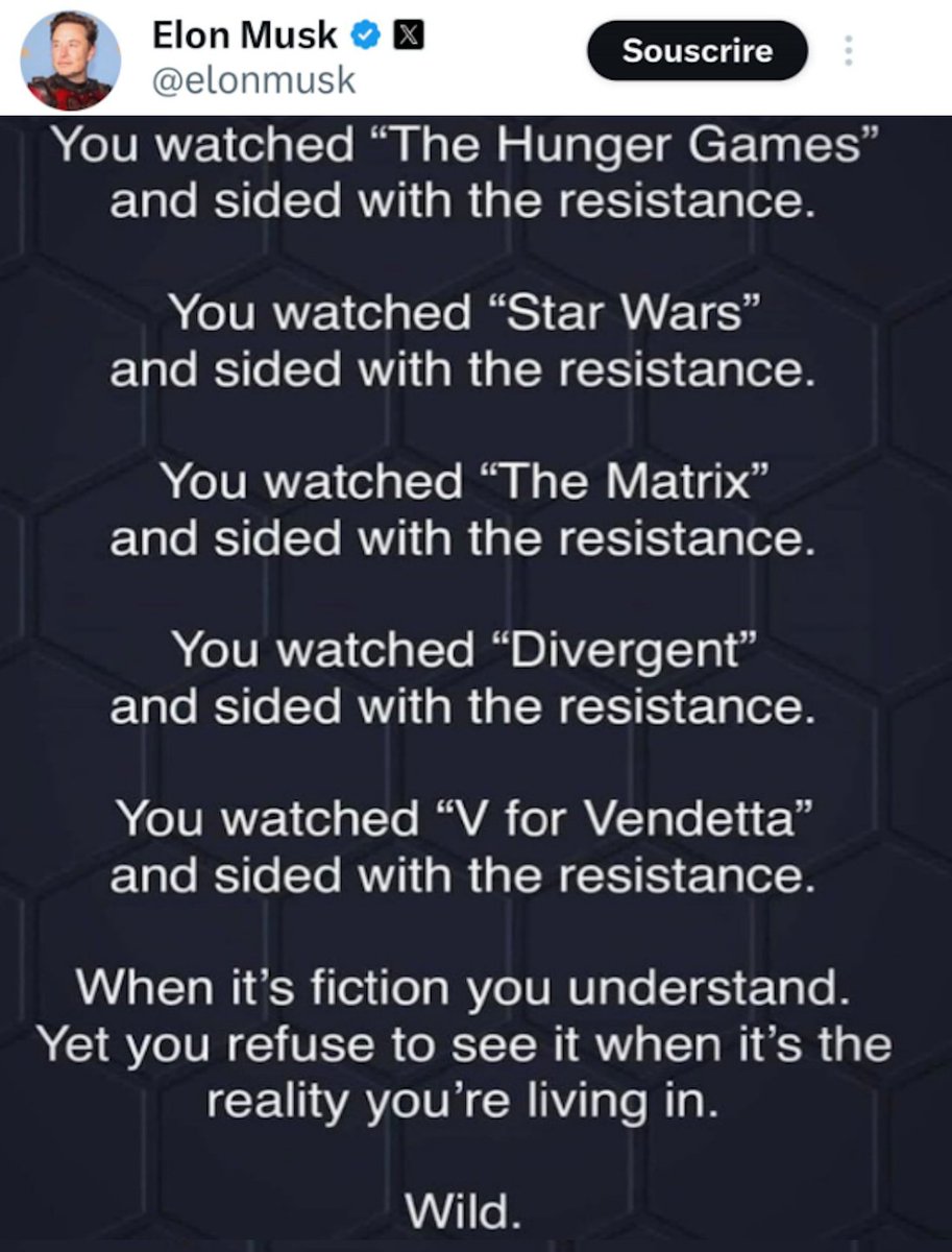 <a href="/elonmusk/">Elon Musk</a> : dans "Hunger Games"
vous étiez solidaire de la résistance !💪
👉Idem pour "Star Wars" !
👉Et "Matrix" !
👉Et "Divergente" !
👉Et "V pour Vendetta" !

👉Quand c'est une fiction là vous comprenez !
Mais vous ne voulez rien voir quand c'est dans
votre propre réalité !!🤨