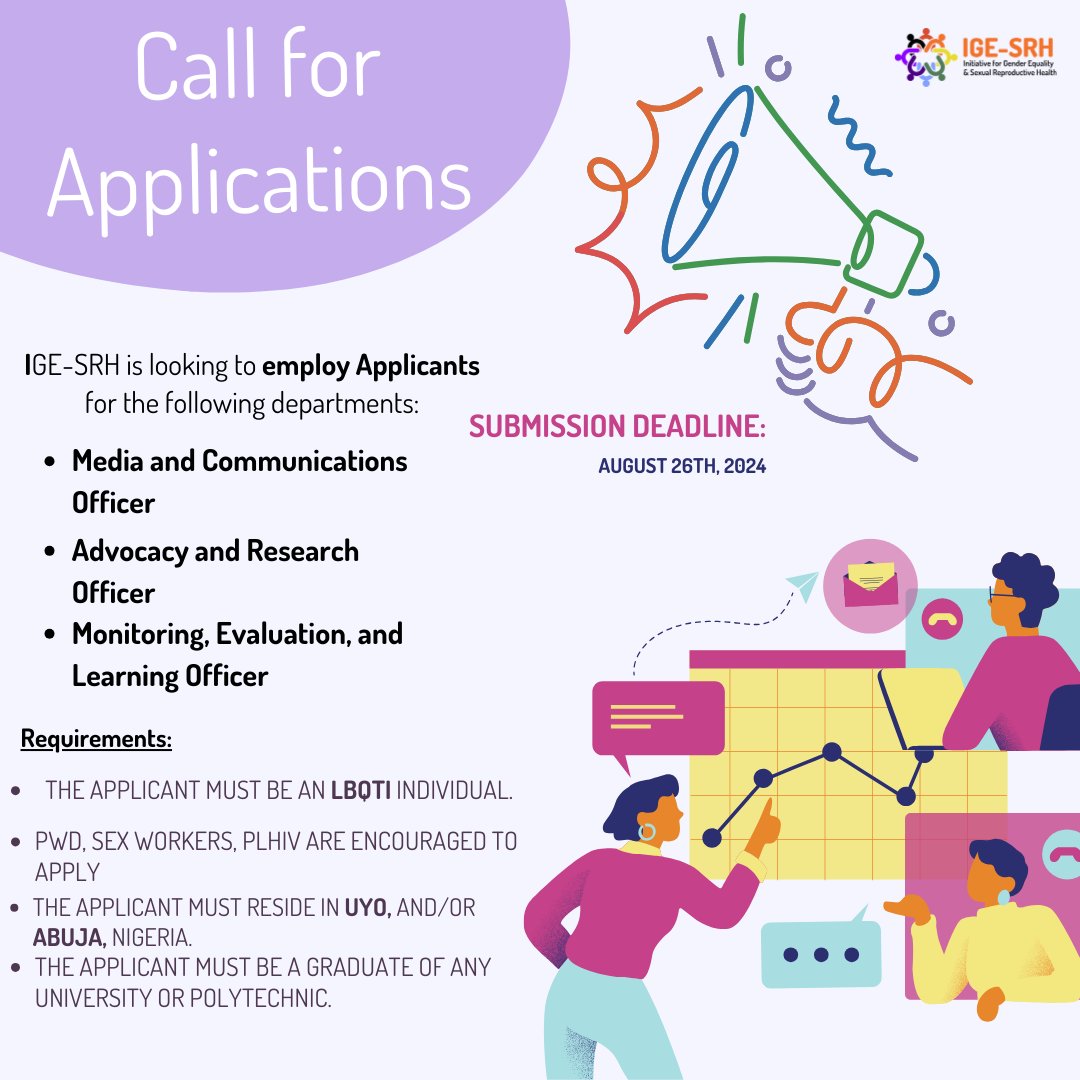 ige_srh's tweet photo. Call For Applications
IGE-SRH is on the lookout for Officers.
We are on the lookout for qualified Officers to join our Abuja and Uyo Team! Click the link in our bio to apply.
Application closes on 12 PM, 26th of August, 2024!
#jobvacancy #jobopportunity #LBQTIjobs #IGESRH https://t.co/5rIiPuQ3wp