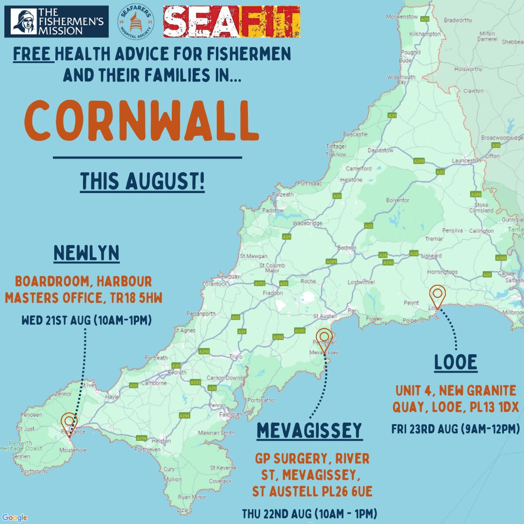 Seafarers Hospital Society (@seahospital) on Twitter photo Cornwall, don't forget these dates for your calendar! 📆
This August, #fishermen and their families can access FREE and CONFIDENTIAL health advice sessions at harbours across #Cornwall, thanks to our partnership with <a href="/thefishmish/">Fishermen's Mission</a> and <a href="/HealthCornwall/">Healthy Cornwall</a>
No appointment necessary! Cornwall, don't forget these dates for your calendar! 📆
This August, #fishermen and their families can access FREE and CONFIDENTIAL health advice sessions at harbours across #Cornwall, thanks to our partnership with <a href="/thefishmish/">Fishermen's Mission</a> and <a href="/HealthCornwall/">Healthy Cornwall</a>
No appointment necessary!