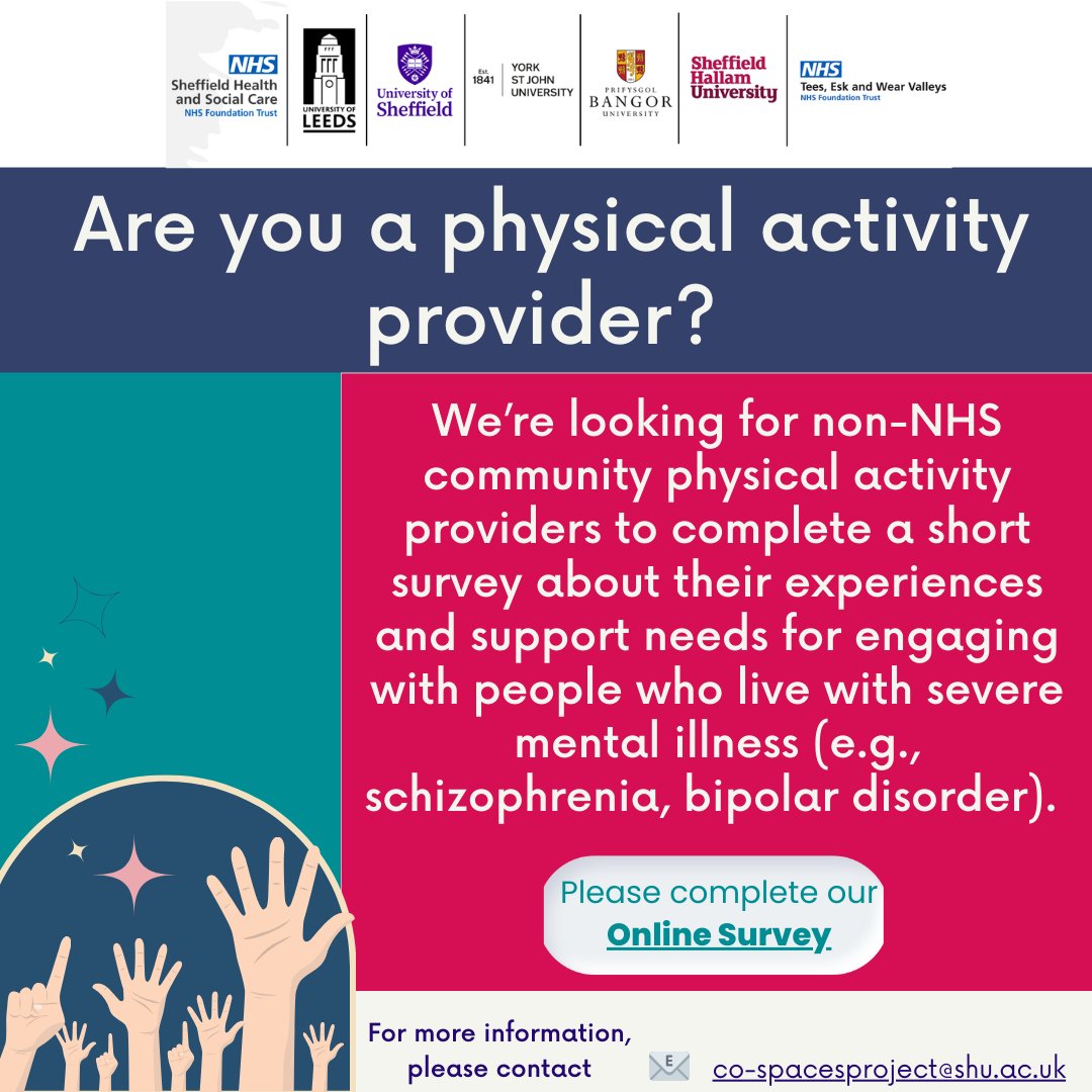 We're looking for non-NHS physical activity providers to share experiences and support needs for engaging with people who live with severe mental illness (schizophrenia, bipolar disorder).
Have no such experience? We still want to hear from you! 

Survey: shusls.eu.qualtrics.com/jfe/form/SV_8d…