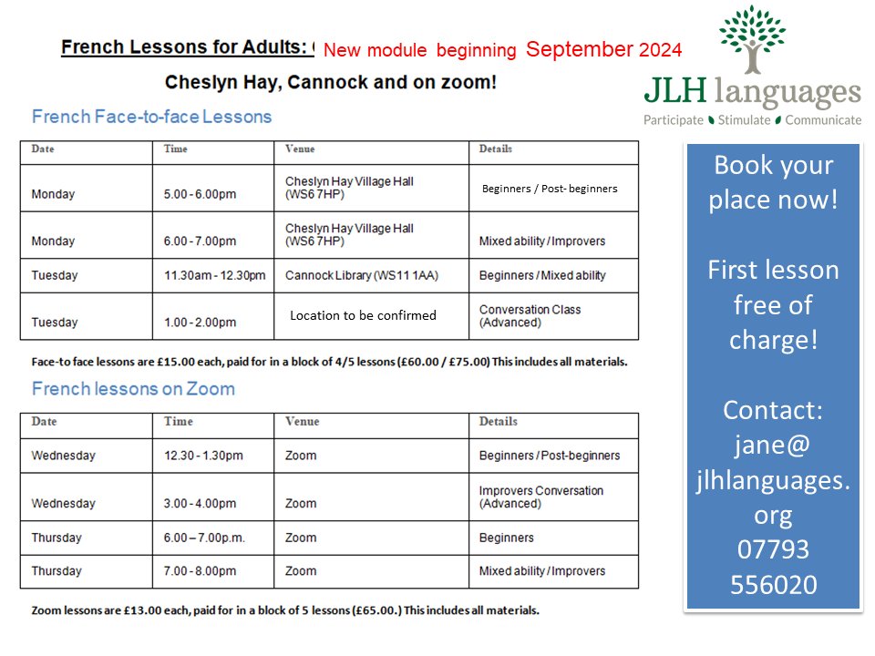 FRENCH LESSONS: NEW TIMETABLE RELEASED. We are all very excited to release our new schedule of French lessons.
There are classes for every ability and we strive to teach each class relevant content in a way which is fun but effective.
Book you free taster session now!
