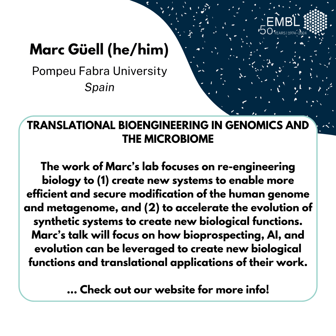 EMBLPhDSymp's tweet photo. We are very excited to present Marc Güell @marcguellc in our theme #BeyondConventionalMethods! Marc’s lab focuses on re-engineering biology in mammalian genome editing 🧬 and microbiome engineering 🦠
Registration: https://t.co/r9YrAAFzmU
#biologyoutsidethebox #emblphdsymposium https://t.co/aMK8tJT7VH