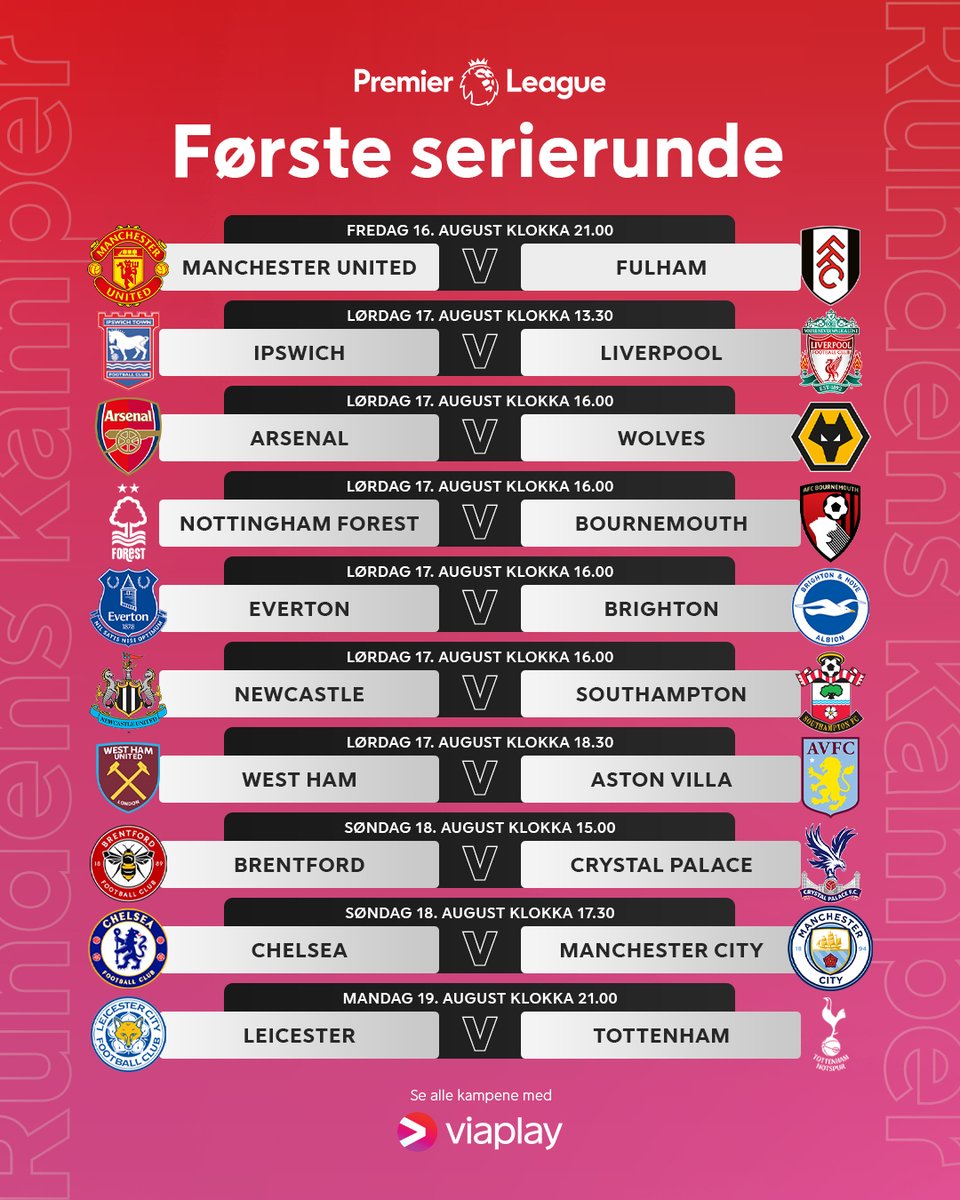 🚨 PREMIER LEAGUE ER TILBAKE 🚨

<a href="/ViaplayOrjan/">Ørjan Bjørnstad</a> leder sendingene gjennom helga, og vi får besøk av <a href="/Tjaernas/">Lars Tjærnås</a>, <a href="/phelland8/">Pål-André Helland</a>, Sigrid Heien Hansen, <a href="/ErikNevland/">Erik Nevland</a> og Ståle Solbakken. 

<a href="/JanAageFjortoft/">Jan Aage Fjørtoft 🇳🇴</a>, <a href="/AndreasToft/">Andreas Toft</a> og Tor Ole Skullerud er på plass i England 🏴󠁧󠁢󠁥󠁮󠁧󠁿

På Viaplay fra kl. 20.00!