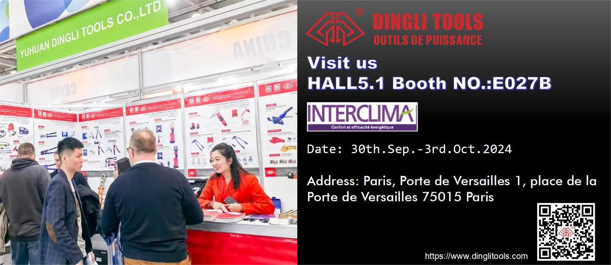 Dingli tools ® is thrilled to be part of the INTERCLIMA in Paris from 30th Sep. to 3rd.Oct! 
Join us at Hall 5.1 Booth NO.:E027B 
Location: Paris, Porte de Versailles
1, place de la Porte de Versailles
75015 Paris 
Dates: 30th Sep. to 3rd.Oct,2024
#dinglitools #hvac #interclima
