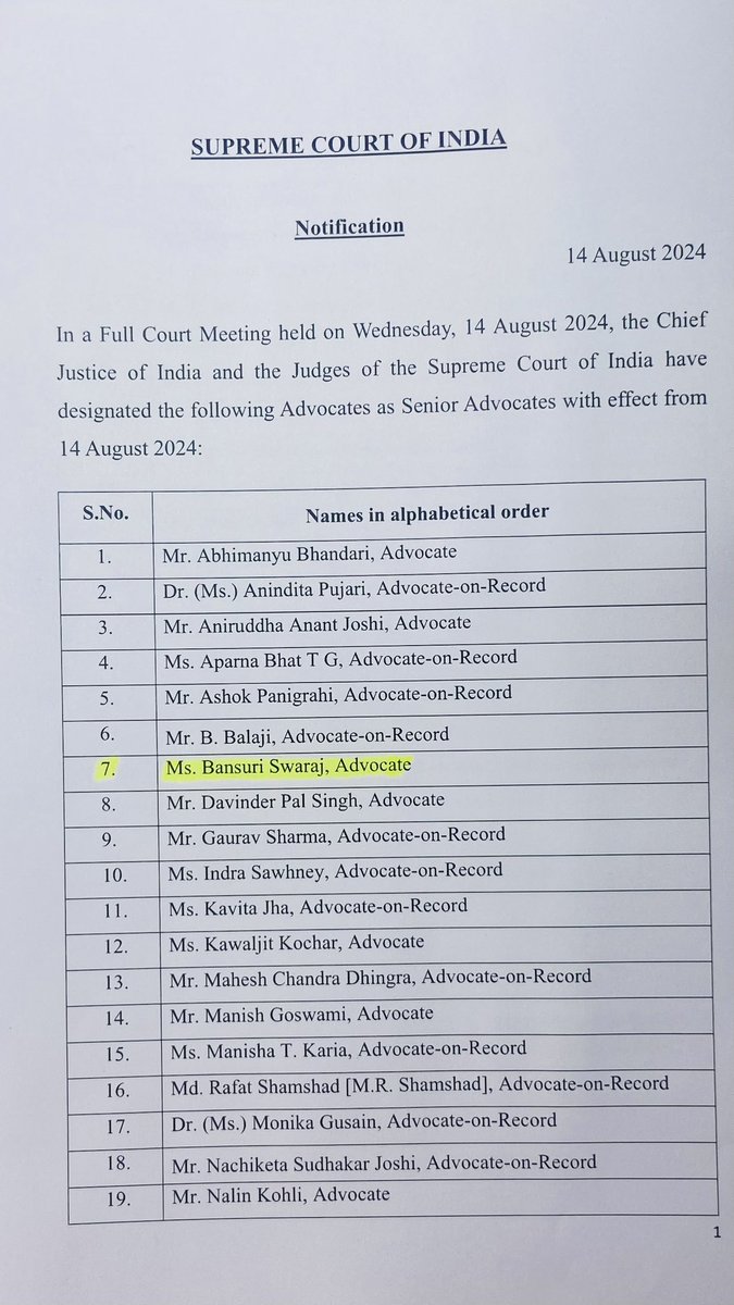 BansuriSwaraj's tweet photo. Deeply honoured and humbled to have reached this milestone in my legal career. My heartfelt gratitude to the Supreme Court selection committee, the Hon’ble Chief Justice of India, Justice D.Y. Chandrachud, and all the judges of the Supreme Court for this recognition. I owe this achievement to my esteemed mentors Justice U.U. Lalit, Mr. Shekhar Basu, Mr. Ashok Mundargi, Mrs. Rebecca John, Mr  Ramesh Gupta, and the legendary Mr. Ram Jethmalani, whose guidance has shaped my journey. A special thanks to my parents, Smt. @sushmaswaraj and Shri Swaraj Kaushal, for their unwavering support, and to my aradhya Shri Krishna for his divine blessings. 🙏