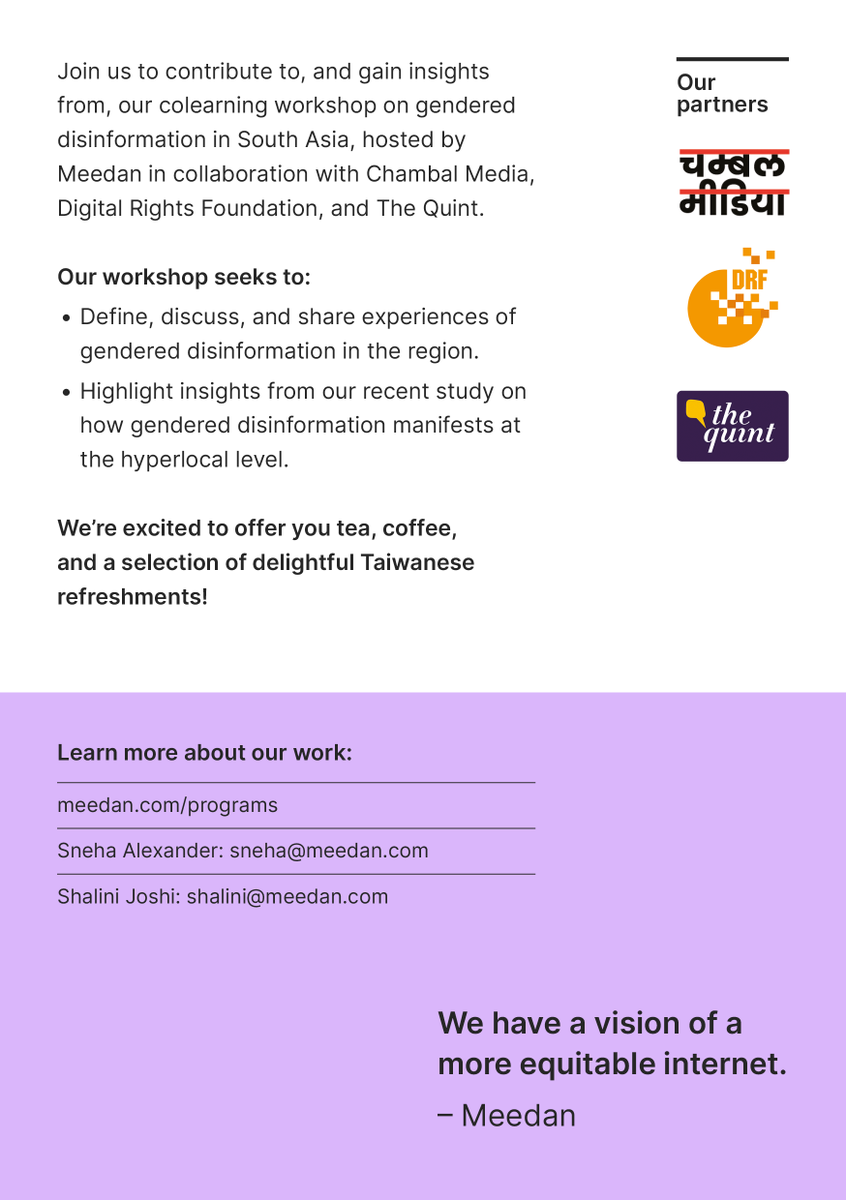 meedan's tweet photo. Going to DRAPAC24 in Taipei? Stop by our colearning session on gendered disinformation — hosted with @DigitalRightsPK, @TheQuint, and @KhabarLahariya — Aug. 19 from 3:30 to 5 p.m. Taipei time at 403 NTUH International Convention Center. https://t.co/uxezN0UUID