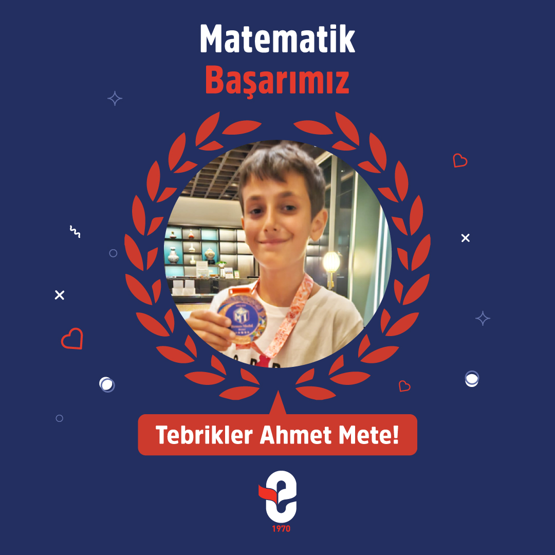 Eyüboğlu Çamlıca Ortaokulu 6. sınıf öğrencimiz Ahmet Mete SAVAŞ, Mart ayında çevrimiçi olarak gerçekleştirilen ve Asya kıtası ülkelerine yönelik düzenlenen WMI Matematik Olimpiyat Yarışması'nı Türkiye 8.'si olarak tamamlayarak, 13 Temmuz 2024 tarihinde yapılan final yarışmasına