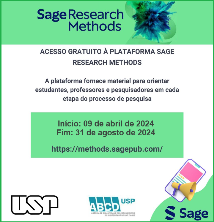 abcdusp's tweet image. Acesso gratuito à Sage Research Methods na USP tem prazo estendido até 31 de agosto de 2024 no link: methods.sagepub.com

Toda pesquisa precisa ser estruturada em torno de métodos adequados.

Aproveite essa oportunidade e acesse agora!

@Sage_Methods @abcdusp #metodos