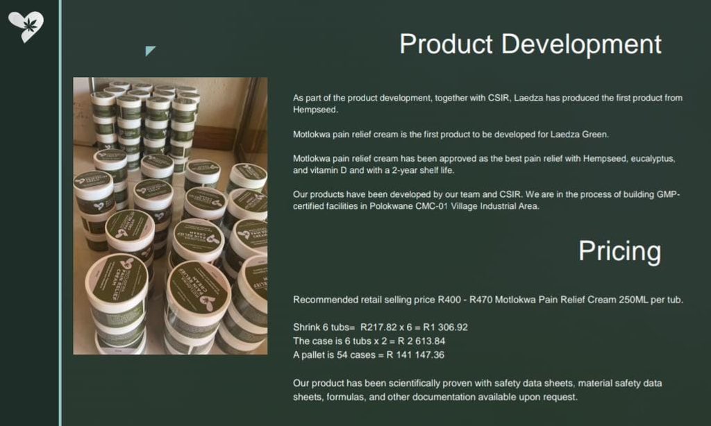 DSBD_SA's tweet image. #buylocalbuymadeinsa
Laedza Green’s Motlokwa Pain Relief

Laedza Green Pharmaceutical is a hemp and cannabis permit holder for commercial and research development based in Limpopo province.

083 259 4012 laedzagreen@gmail.com 
#buylocal #buylocalsupportlocal