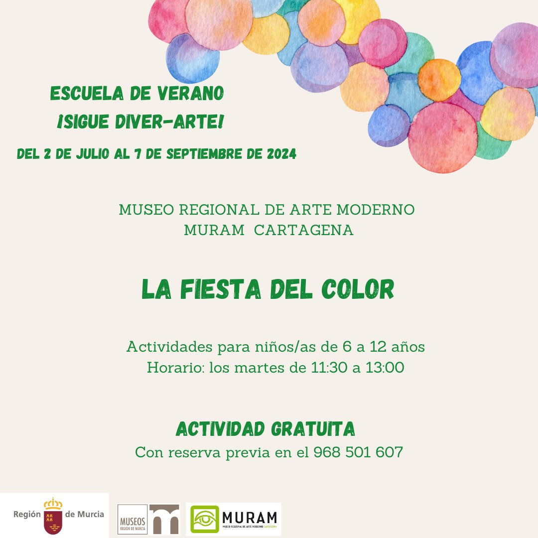 MuseosRegMurcia's tweet photo. Continúa la ESCUELA DE VERANO🌞
¡ DIVER-ARTE !
en el #MURAM de Cartagena
Para niñ@s de 6 a 12 años en horario de 11:30 a 13 h
- Martes: La Fiesta del Color
- Miércoles: Un Día de Verano en el Aguirre (1901)
- Jueves: Veo, Veo ¿Qué Ves Tú?
- Viernes: Decorando el Palacio Aguirre https://t.co/eEwTkVM9eN