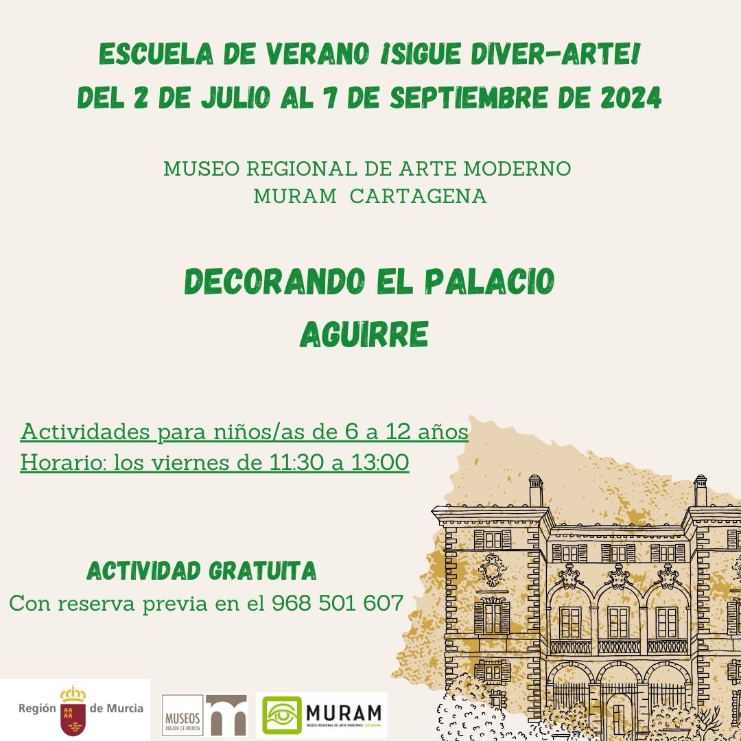 MuseosRegMurcia's tweet photo. Continúa la ESCUELA DE VERANO🌞
¡ DIVER-ARTE !
en el #MURAM de Cartagena
Para niñ@s de 6 a 12 años en horario de 11:30 a 13 h
- Martes: La Fiesta del Color
- Miércoles: Un Día de Verano en el Aguirre (1901)
- Jueves: Veo, Veo ¿Qué Ves Tú?
- Viernes: Decorando el Palacio Aguirre https://t.co/eEwTkVM9eN