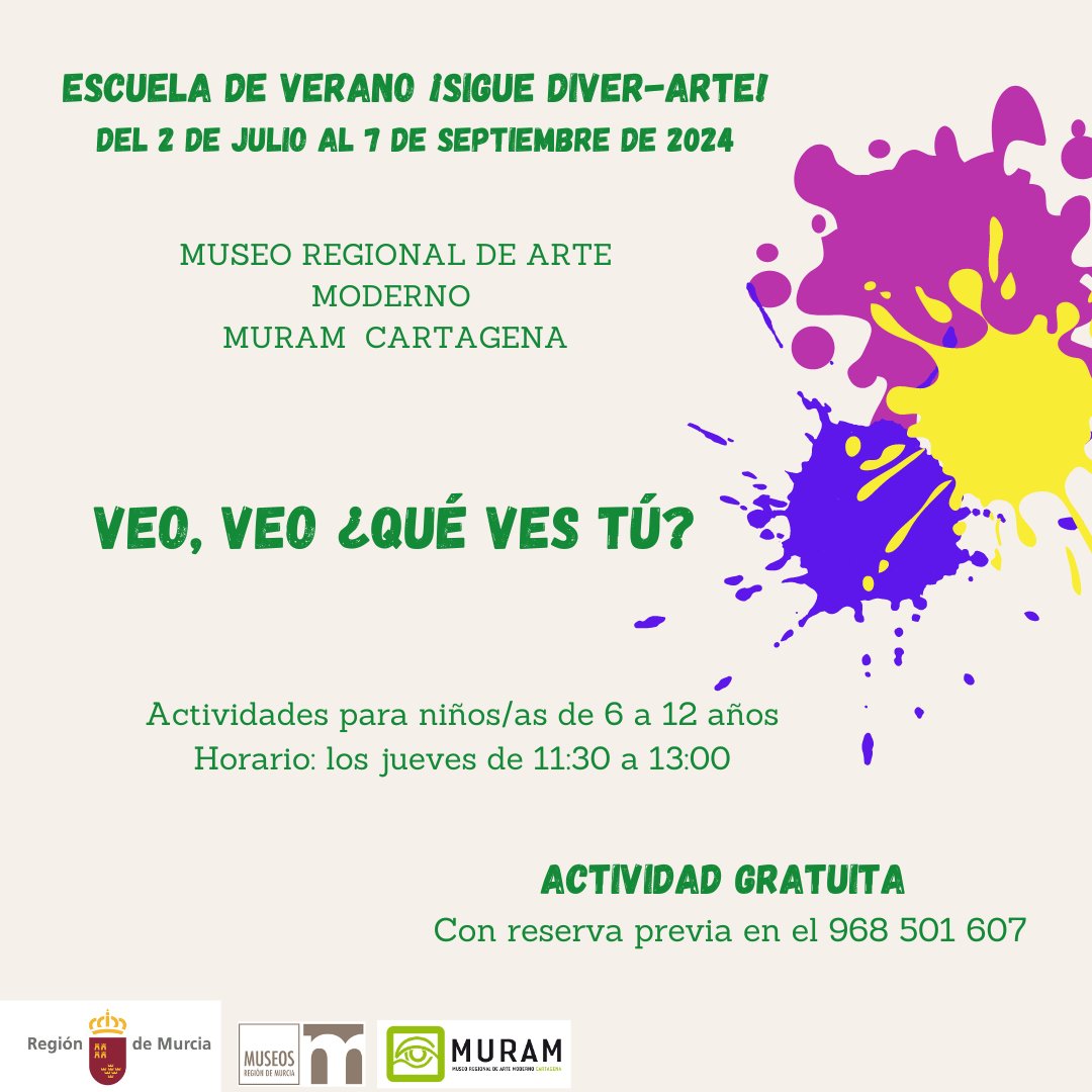 MuseosRegMurcia's tweet photo. Continúa la ESCUELA DE VERANO🌞
¡ DIVER-ARTE !
en el #MURAM de Cartagena
Para niñ@s de 6 a 12 años en horario de 11:30 a 13 h
- Martes: La Fiesta del Color
- Miércoles: Un Día de Verano en el Aguirre (1901)
- Jueves: Veo, Veo ¿Qué Ves Tú?
- Viernes: Decorando el Palacio Aguirre https://t.co/eEwTkVM9eN