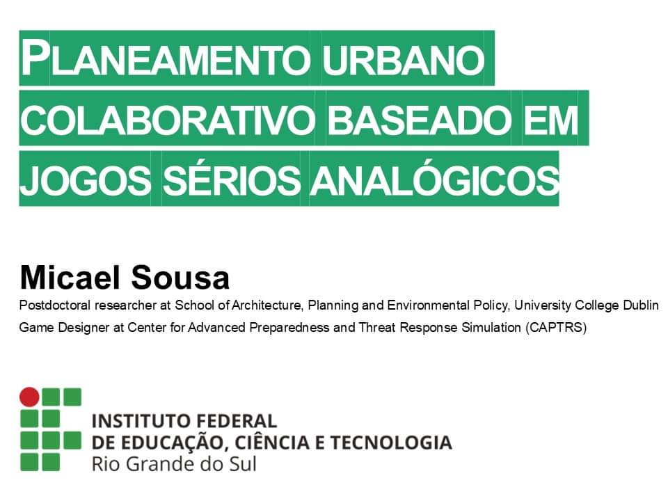Palestra para o Instituto Federal de Educação, Ciência e Tecnologia do Rio Grande do Sul IFRS - Oficial  no Brasil. 
Vídeo em: youtube.com/watch?v=R98VLz…

#seriousgames #jogos #jogosdetabuleiro #planeamentocolaborarivo #planeamentourbano #planeamento #participacao #colaboracao