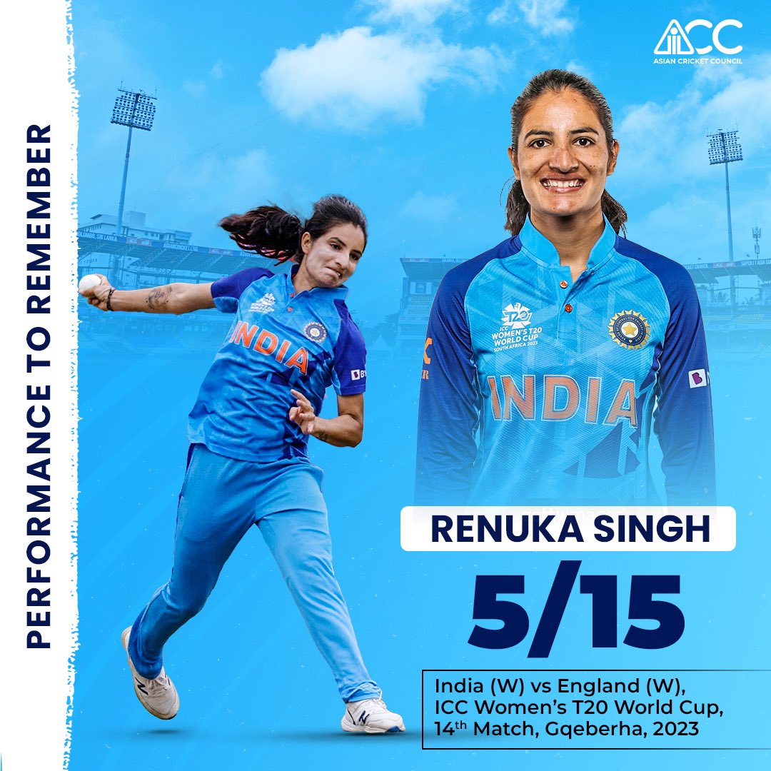 ACCMedia1's tweet photo. 𝙎𝙚𝙣𝙨𝙖𝙩𝙞𝙤𝙣𝙖𝙡 𝙨𝙥𝙚𝙡𝙡 🤩
Renuka Singh’s 5 wicket haul showcased her bowling prowess and left an enduring mark in the match.
#ACC #PerformanceToRemember https://t.co/oz270hHX7S