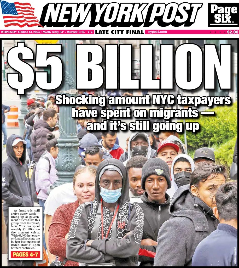 nypost's tweet image. Today&apos;s cover: NYC migrant crisis costs will crack eye-popping $5 billion on shelters, security and food — amount could double by 2025 trib.al/alpkJvY