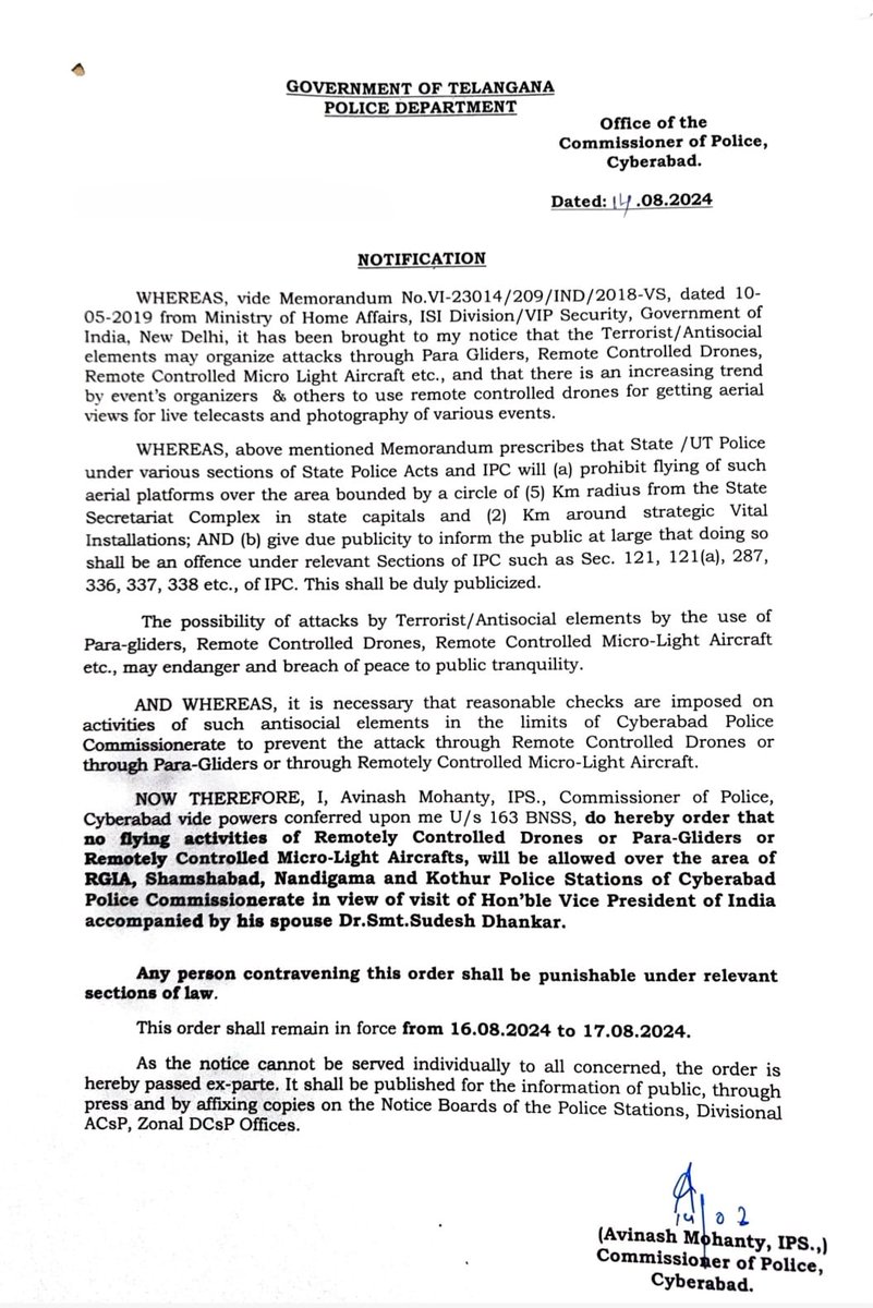 <a href="/cyberabadpolice/">Cyberabad Police</a> U/s 163 BNSS, do hereby order that no flying activities will be allowed over the area of RGIA, Shamshabad Nandigama &amp; Kothur PS limits.