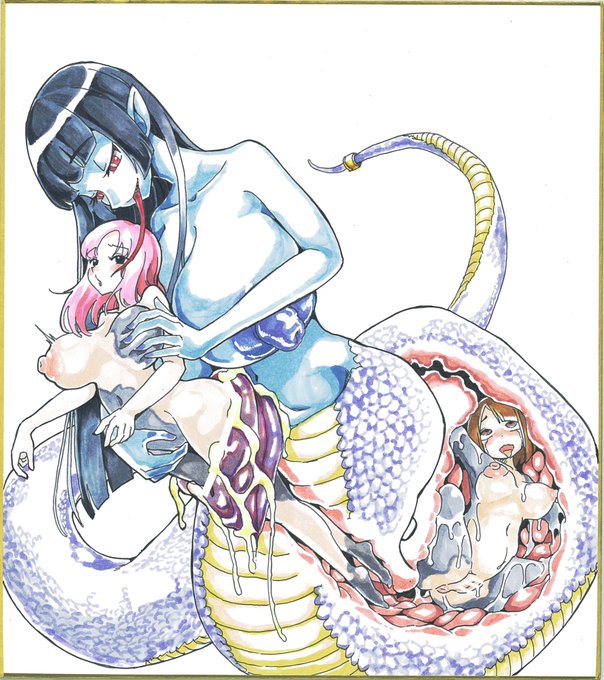 色紙絵①青肌ラミア丸呑み石化 