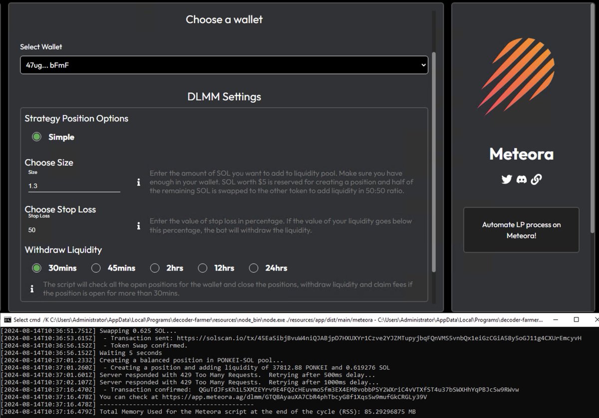 Always hear about <a href="/MeteoraAG/">Meteora</a> DLMMs, but don't know how to trade it, or too busy? 

Why not use our automated farmer (in private beta now) to:
✅ Automatically find new DLMM pools that pay high fees
✅ Automatically swap your SOL into that token (which are always meme coins to