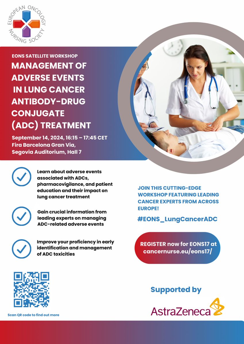 @cancernurseEU (@cancernurseeu) on Twitter photo Excited to announce the #ΕONS17 workshop on "Management of adverse events in lung cancer antibody-drug conjugate (ADC) treatment" at #ESMO24 on Sep 14, 16:15 CEST. Enage with <a href="/f_conceicao_/">Fernanda Conceição</a>, Nicolas Girard, Dorieke van Balen & <a href="/AnaRodriguezOr6/">Ana Rodriguez Ortega</a> using #EONS_LungCancerADC! Excited to announce the #ΕONS17 workshop on "Management of adverse events in lung cancer antibody-drug conjugate (ADC) treatment" at #ESMO24 on Sep 14, 16:15 CEST. Enage with <a href="/f_conceicao_/">Fernanda Conceição</a>, Nicolas Girard, Dorieke van Balen & <a href="/AnaRodriguezOr6/">Ana Rodriguez Ortega</a> using #EONS_LungCancerADC!