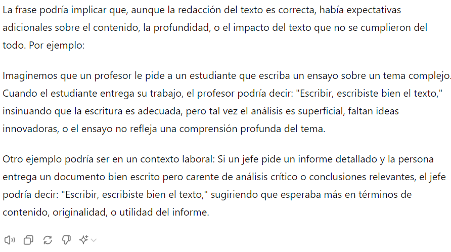 munozperezc's tweet photo. I asked ChatGPT to explain the meaning of the predicate doubling sentence "Escribir, escribiste bien el texto". In work with Matías Verdecchia, we have argued that the infinitive is a contrastive topic. ChatGPT reports exactly this type of interpretation. https://t.co/7ruNlGZbi0