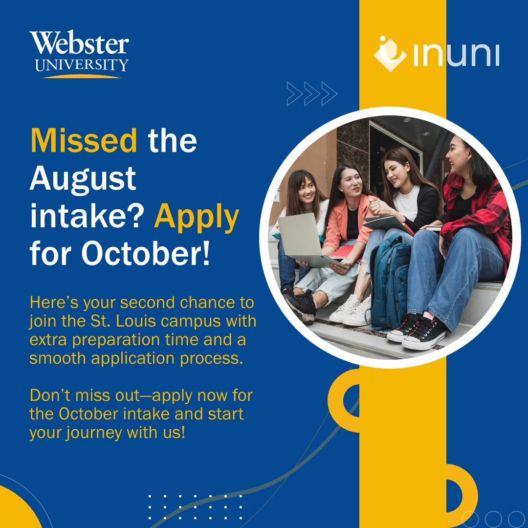 inuniglobal's tweet photo. The October (Fall 2) intake is now open for students who missed the August deadline. To learn more about Webster and our October intake programs, 
click here: https://t.co/aQhanAxM7x
 
 #WebsterUniversity #Webster #AugustIntake #OctoberIntake #MissedDeadline #October2024 https://t.co/CQBzLcFmD6
