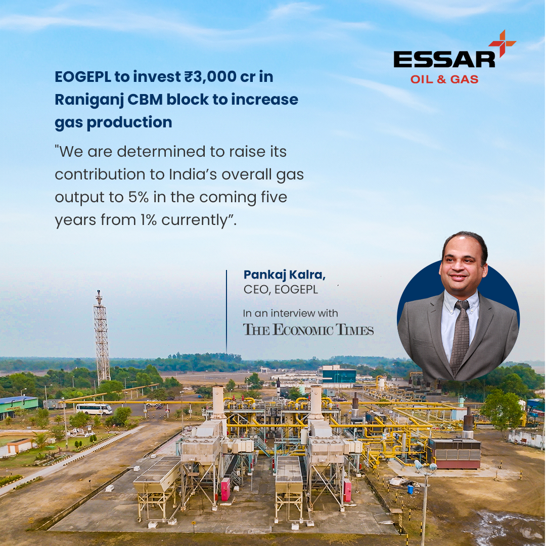 Essar's tweet image. .@Essar_EOGEPL, #Essar's investment in clean energy space, currently accounts for 65% of India's CBM production.

In an interview with @PathakKalpana from @EconomicTimes, CEO @PankajKalra01 outlines plans to boost gas production from 0.93 to 4-5 mmscmd within the next 5 years.…