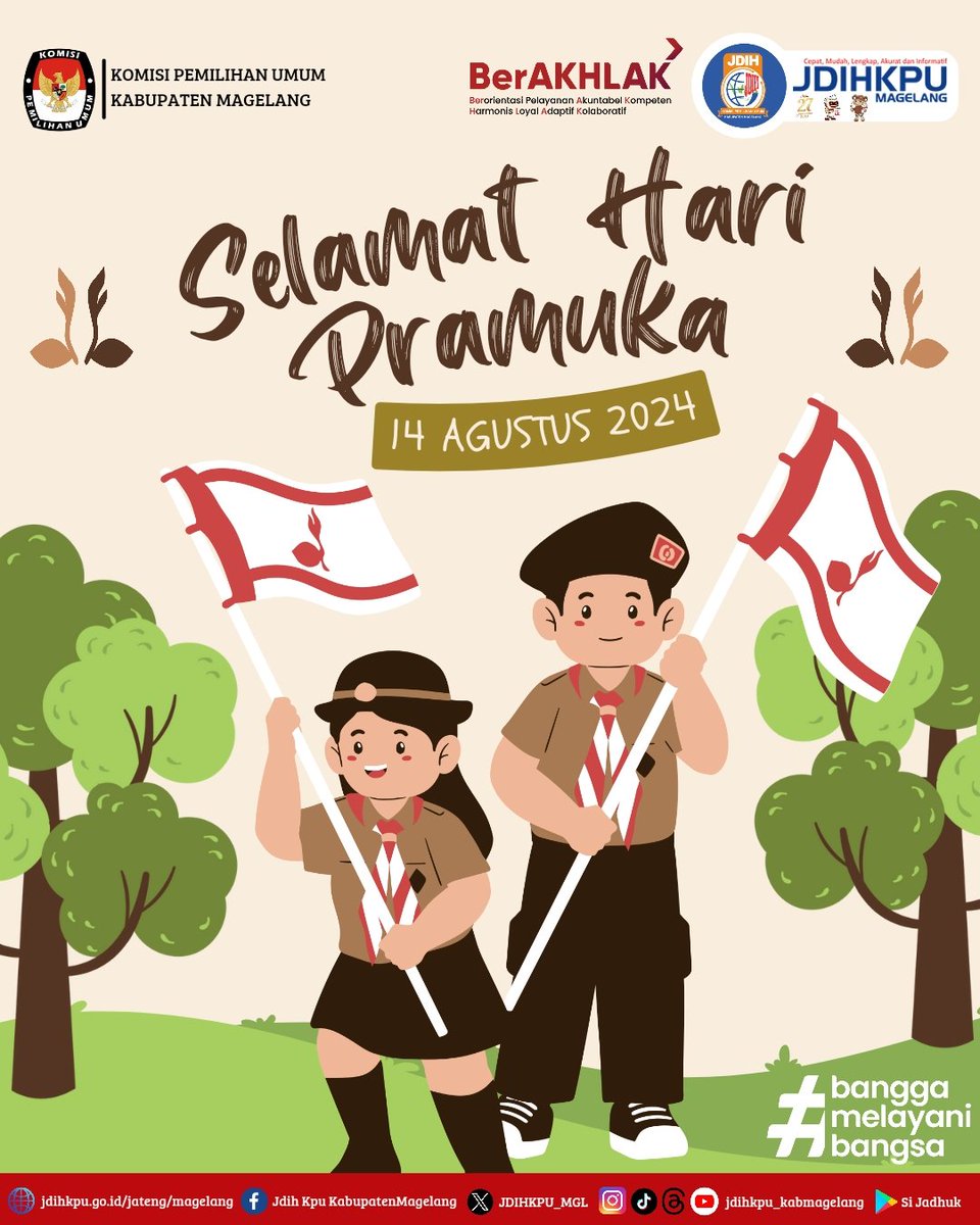 JDIHKPU_MGL's tweet photo. JDIH KPU Kabupaten Magelang mengucapkan Selamat Hari Pramuka, 14 Agustus 2024 ! 

Satu tunas, sejuta harapan. Bersama kita tumbuhkan Pramuka yang tangguh dan penuh asa.

#PilkadaSerentak2024
#pilgubjateng2024 
#PilbupMagelang2024 

@jdih_kpu_ri
@jdihkpujateng
@kpu_ri
@kpujateng https://t.co/jlCvZhDI2U