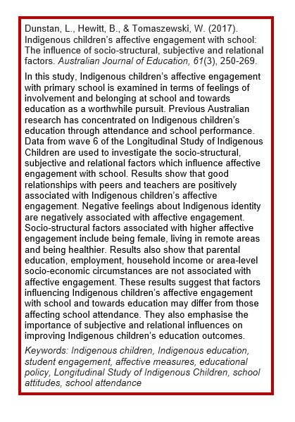 Results show that good relationships with #peers &amp; #teachers are positively associated with Indigenous children's affective engagement. Free to read in August's collection brnw.ch/21wLPLp

@Laura_Dunstan_ <a href="/unimelbsoc/">Melbourne Sociology</a> @HASSUQ