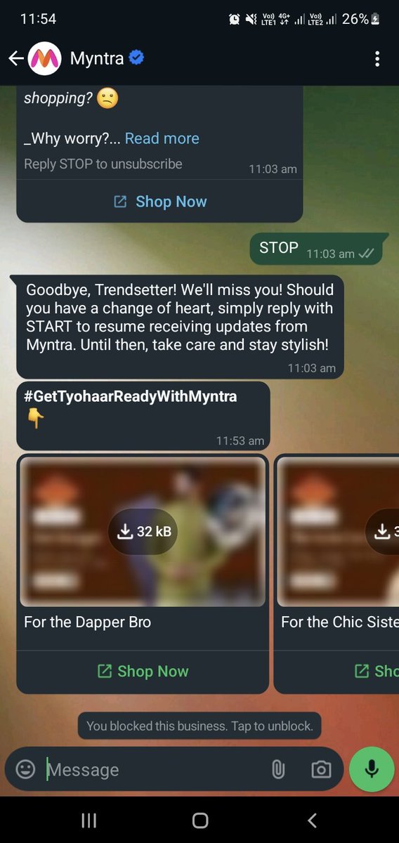 vivekw's tweet photo. @myntra STOP spamming our WhatsApp! You sent a spam just 50 minutes after unsubscribing! https://t.co/BmJCtueKGm