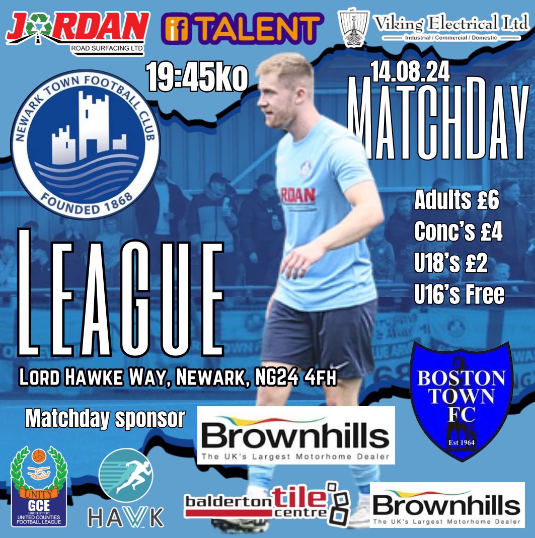 It’s Matchday…

Come on down this evening as we welcome <a href="/bostontownfc/">Boston Town F(C) 🏆🏆</a> to the <a href="/YMCANewark/">YMCA Newark and Sherwood</a> the home of the blues, in the <a href="/utdcos/">UCL</a> 

<a href="/ntfcsupporters/">Newark Town Supporters Club</a> we need you !!

With thanks to Match sponsor <a href="/BrownhillsLTD/">BrownhillsMotorhomes</a>