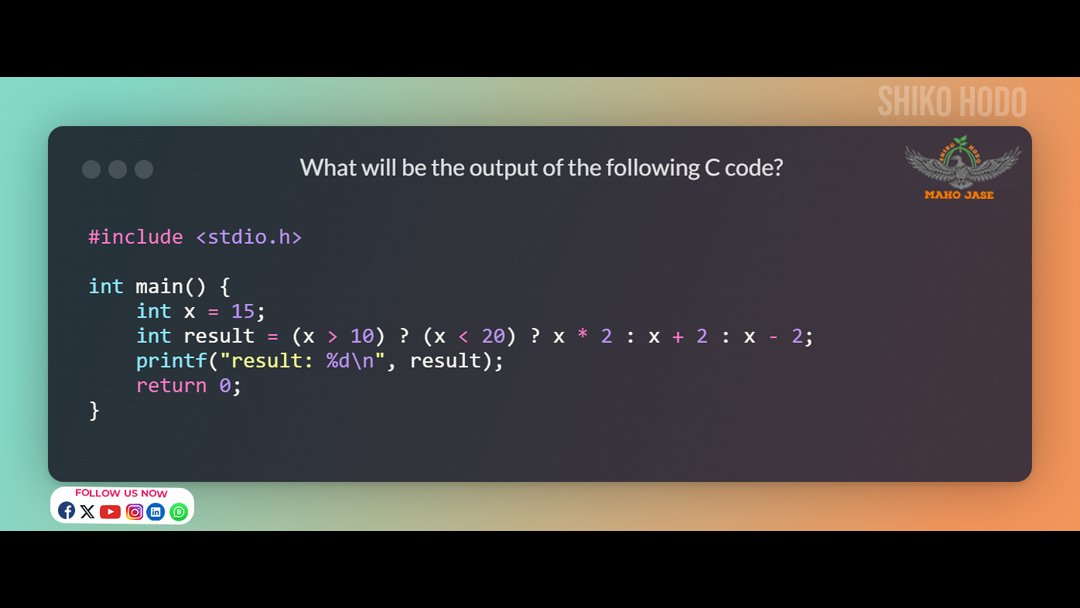 mahojase's tweet image. Nested ternary operators in C! Can you unravel this nested logic?
.
.
.
#CProgramming #TernaryOperator #NestedLogic #CodeChallenge #ProgrammingPuzzle
