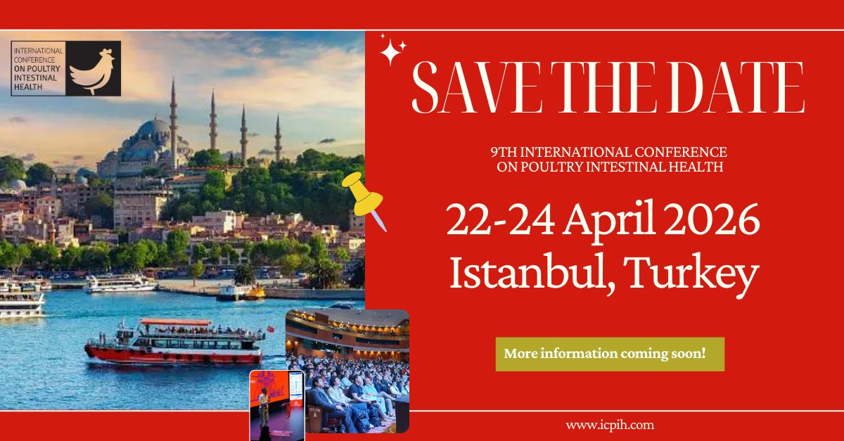 IHSIGsymposium's tweet photo. 🌍 Looking ahead, mark your calendars for the 9th International Conference on Poultry Intestinal Health, set to take place in the historic city of Istanbul, Turkey, from April 22nd to April 24th, 2026! 🐔📅

Stay tuned for more details to come!🚀
https://t.co/tPECdnLf39

#icpih https://t.co/fukhm0uQad