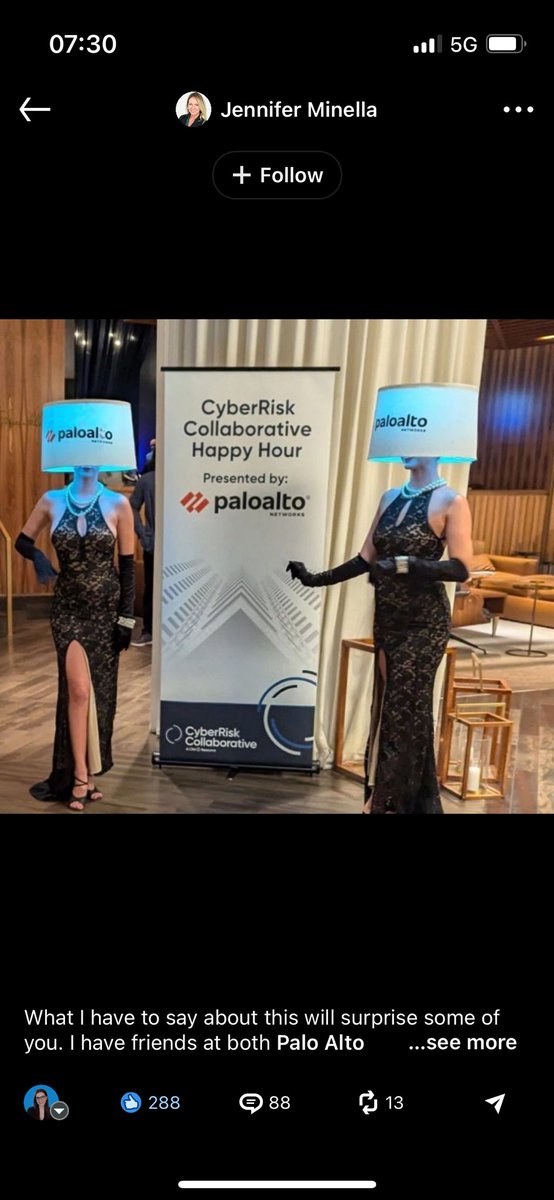 This is absolutely disgusting/disturbing ⁦<a href="/PaloAltoNtwks/">Palo Alto Networks</a>⁩ — placing real women with lampshades over their heads at the entrance to your party venue!? Wtf! 

Great signal sent to all women in tech on how you value them.

Original post linkedin.com/posts/jennifer…