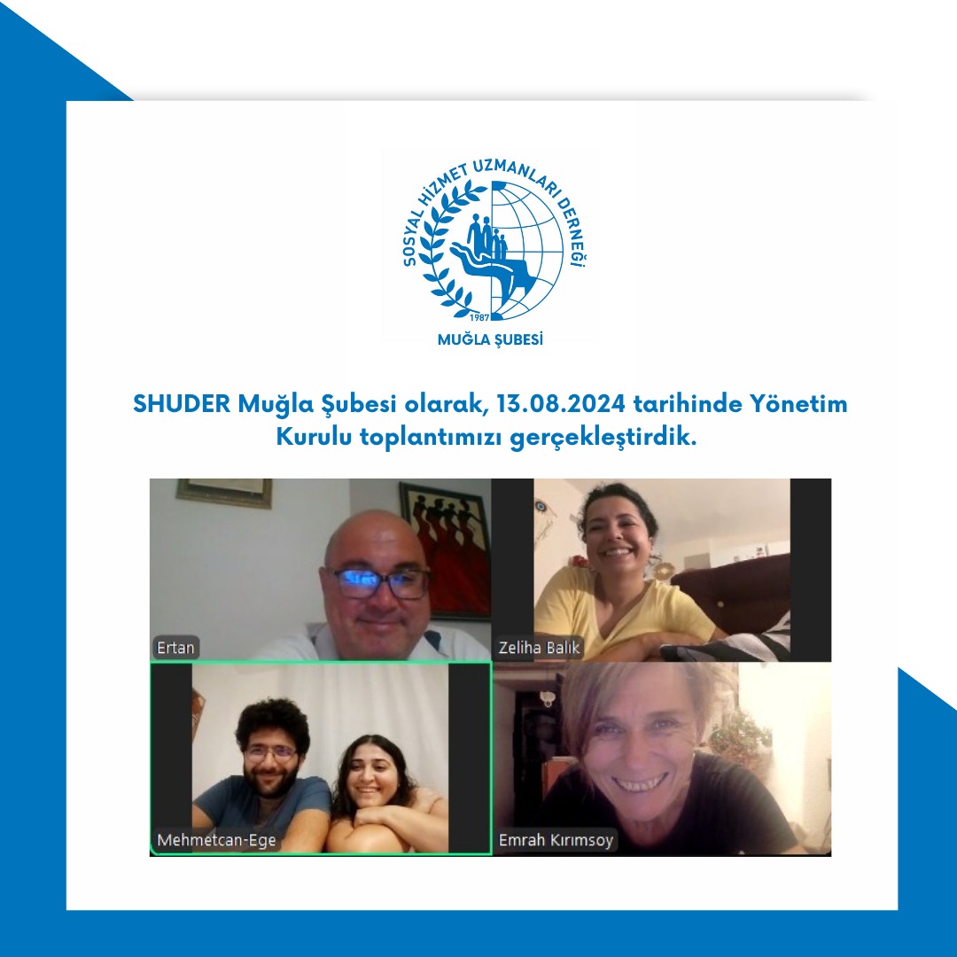 SHUDER Muğla Şubesi olarak, 13.08.2024 tarihinde Yönetim Kurulu toplantımızı gerçekleştirdik 💜🌸🍀💫

<a href="/SHUdernegiGM/">Sosyal Hizmet Uzmanları Derneği</a> 💫
#muğla #sosyalhizmet #sosyalhizmetuzmanı #socialwork #socialworker
