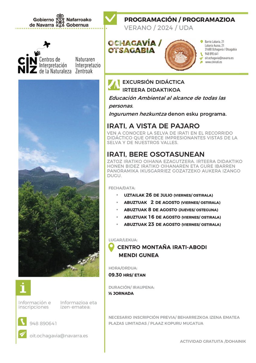🚶‍♀️IRTEERA DIDAKTIKOA. Zatoz iratiko Oihana ezagutzera!
🚶 ¡Conoce la Selva de Irati a vista de pájaro!
📆Abuztuak 16 agosto, 9:30
📍Desde el Centro de Montaña de Irati- Abodi / Irati- Abodi mendi gunetik
🖍 Apuntatzeko /Para inscripciones: 📧oit.ochagavia@navarra.es o 📞948890641