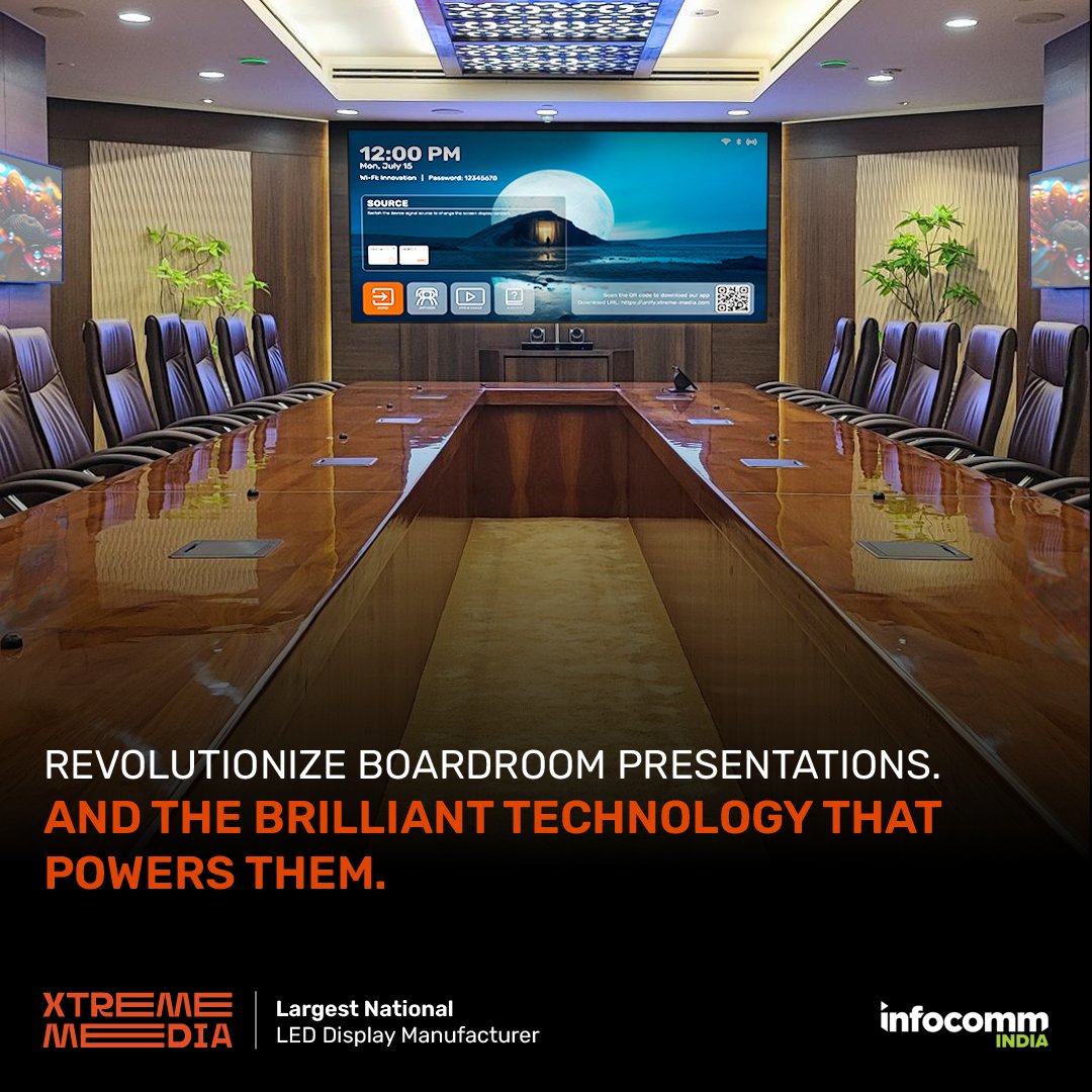 XtremeMediaIn's tweet image. Transform ordinary meetings into extraordinary presentations. Join Xtreme Media at InfoComm India 2024 to witness the future of innovation and collaboration.

#XMatInfoComm #XtremeInnovation #LEDTechnology #BoardroomTech #DigitalDisplays #MeetingRoomSolutions #VisualExcellence