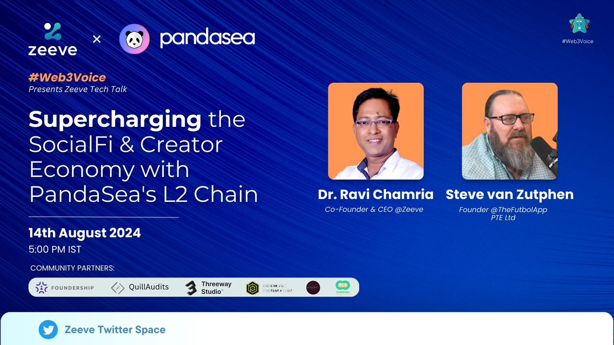 “Supercharging the SocialFi &amp; Creator Economy with PandaSea’s L2 Chain.” ✨

Dr. Ravi Chamria (Cofounder and CEO of Zeeve) will discuss the aforementioned topic with steve van zutphen (Founder of TheFutbolApp TFA) today at 11:30 AM UTC. 

The duo will answer questions on