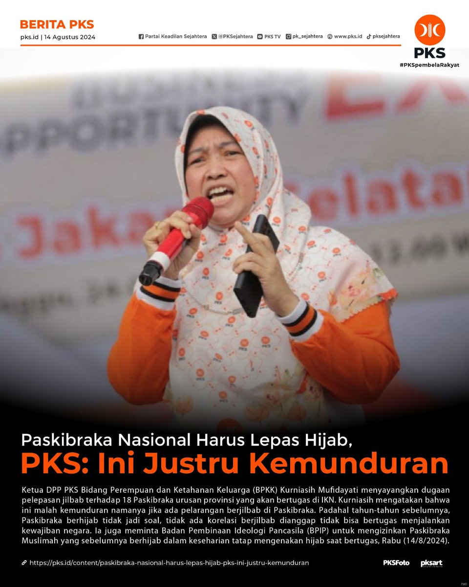 Paskibraka Nasional Harus Lepas Hijab, PKS: Ini Justru Kemunduran

"Ini malah kemunduran namanya jika ada pelarangan berjilbab di Paskibraka. Padahal tahun-tahun sebelumnya, Paskibraka berhijab tidak jadi soal," ~<a href="/DrKurniasihPKS/">Dr Kurniasih Mufidayati</a>

buff.ly/46J0Ury