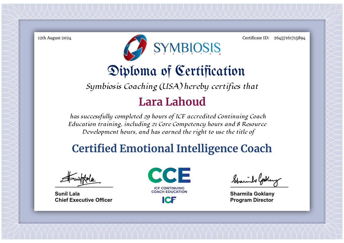 LahoudLara's tweet photo. Glad to share that I earned my certificate as Certified Emotional Intelligence Coach. https://t.co/VHaT9y6nm1