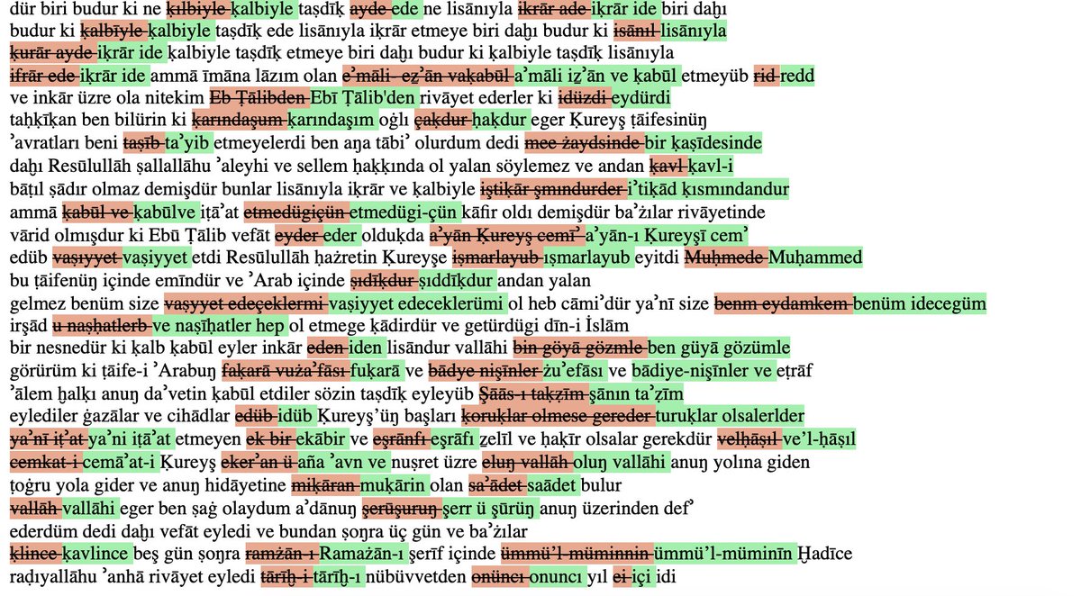Matbu metinlerden sonra Osmanlıca elyazmalarının da otomatik transkripsiyonunda önemli bir eşik atladık. İlk denememizde <a href="/Transkribus/">Transkribus</a>  HTR nesih modelimiz metni %90 doğru okudu. 
Yapay zeka modelinin transkripsiyonu (kırmızı) ile bizim yaptığımızın (yeşil) karşılaştırması için ⬇️