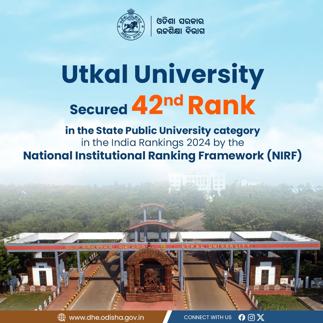 DHE_Odisha's tweet photo. Exciting News!

Utkal University, Bhubaneswar has secured 42nd rank in the State Public University category in the India Rankings 2024 by the National Institutional Ranking Framework (NIRF)!

#ProudMoment #NIRF2024 #UtkalUniversity
#highereducationodisha https://t.co/cTEYDSwBkZ