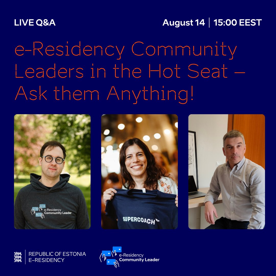 e-Residency: Estonia (@e_residents) on Twitter photo 📢E-Residency Community Leaders in the hot seat in just 5 hours! Want to hear from <a href="/ianthetechie/">Ian Wagner</a>, <a href="/thelauraroman/">Laura Roman</a>, and <a href="/jpicornell/">Jesus Picornell</a> – e-residents and Community Leaders of a 115,000+ large worldwide community? Join us at 3PM EEST, and ask questions from them: us02web.zoom.us/webinar/regist… 📢E-Residency Community Leaders in the hot seat in just 5 hours! Want to hear from <a href="/ianthetechie/">Ian Wagner</a>, <a href="/thelauraroman/">Laura Roman</a>, and <a href="/jpicornell/">Jesus Picornell</a> – e-residents and Community Leaders of a 115,000+ large worldwide community? Join us at 3PM EEST, and ask questions from them: us02web.zoom.us/webinar/regist…