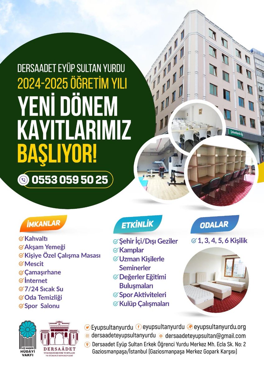 Gazanferaga's tweet photo. İstanbul Gaziosmanpaşa'da bulunan Dersaadet Eyüp Sultan Yükseköğrenim Erkek Öğrenci Yurdu kayıt dönemi başlamıştır.

Yurdumuz hakkında bilgi için: https://t.co/jXZbfKpbtz

Kayıt için: https://t.co/gKQxjozuNq https://t.co/3mIyVsZJhb
