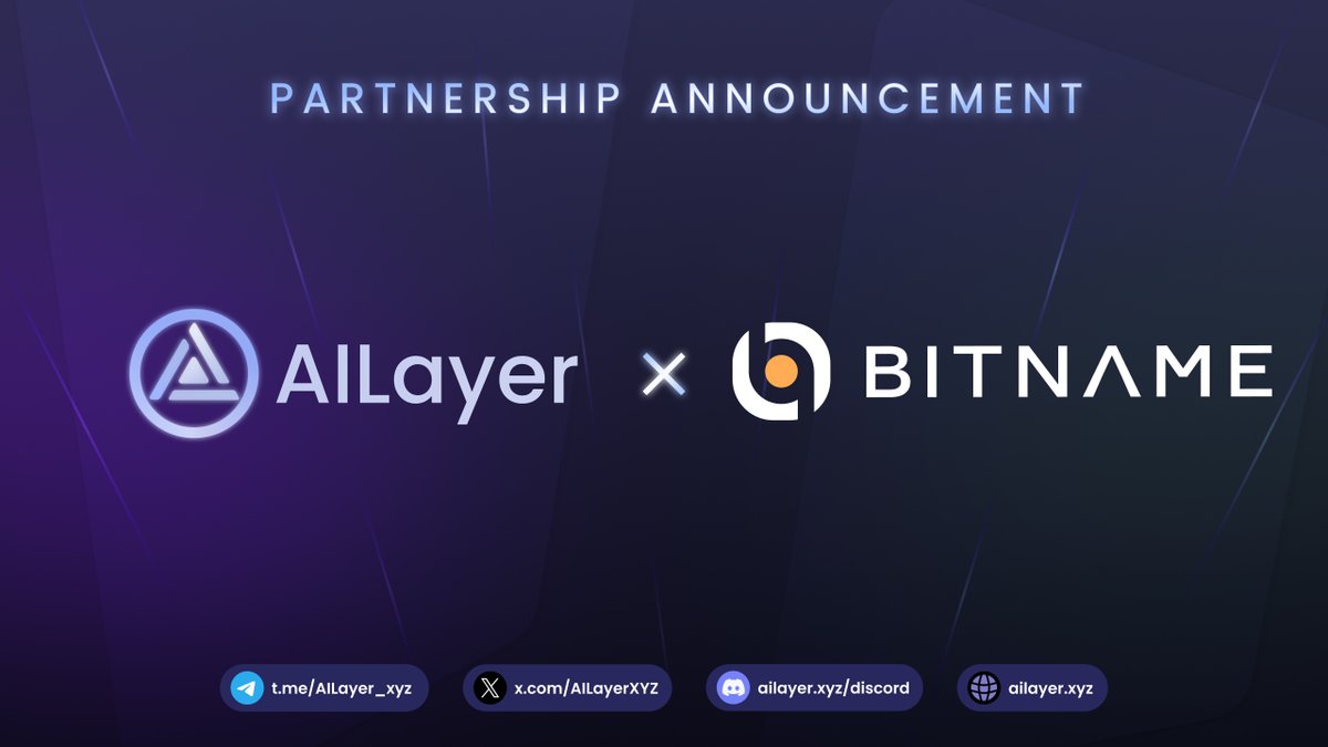 AILayerXYZ's tweet image. 🤝 #AILayer is thrilled to partner with @BitnameService!

#Bitname is a domain name service provider built on #Bitcoin Stamps, offering comprehensive support for the entire Bitcoin ecosystem. Through its proprietary MatrixLink modular structure, it enables Bitcoin mainnet domain…