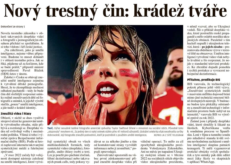 Zneužití identity #AI #deepfake jako nový fenomén kyberkriminality a možný nový paragraf trestního zákoníku. Novelu iniciovalo NSZ, píšou o ní dnešní <a href="/lidovenoviny/">Lidové noviny</a> <a href="/lidovky/">Lidovky.cz</a> a citují mj. nejvyššího státního zástupce Igora Stříže.  
lidovky.cz/domov/kradez-c…
