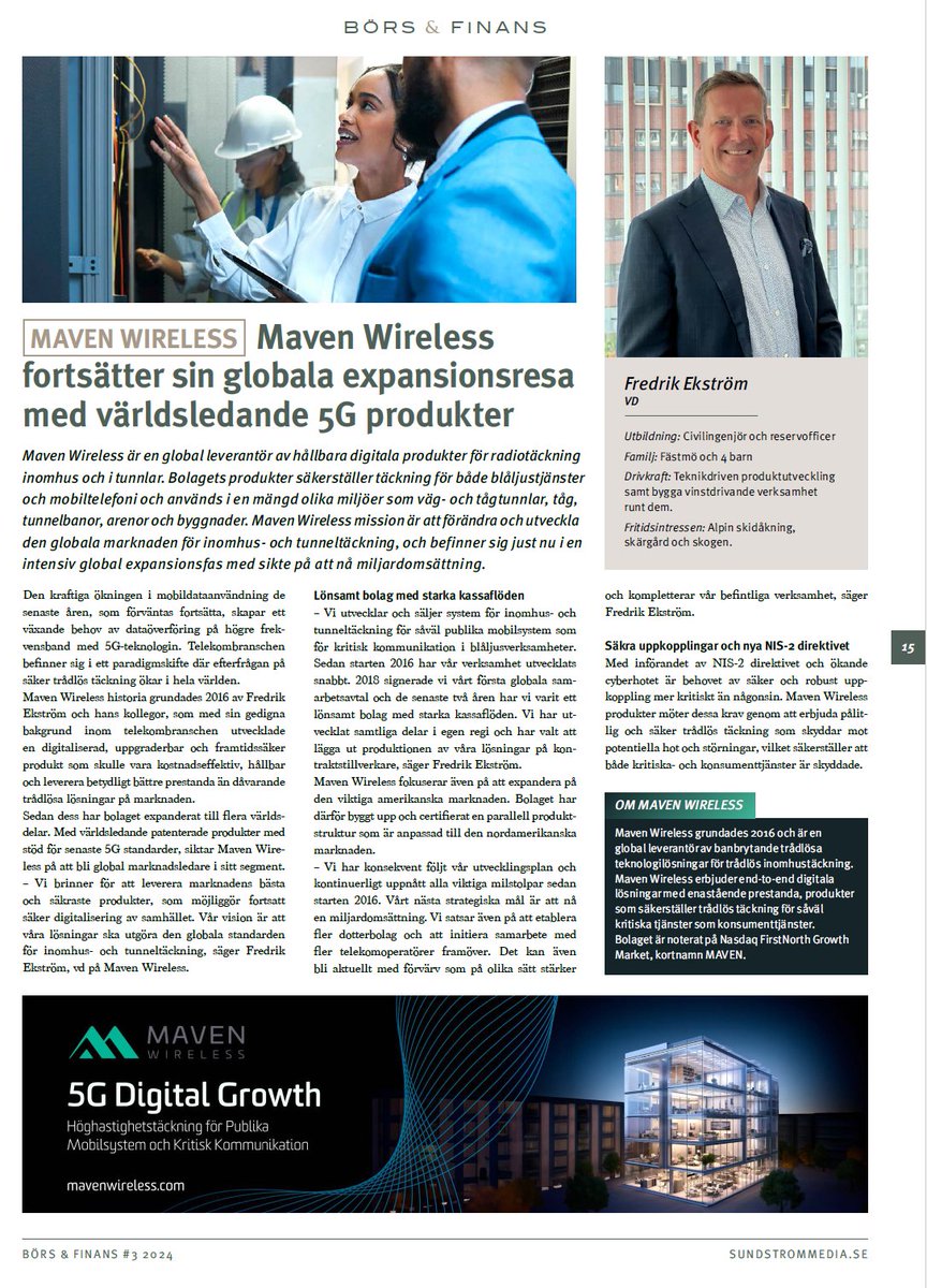 MavenWireless's tweet photo. I juniutgåvan av @dagensindustri, bilagan Börs och finans, hittar du en exklusiv intervju med vår VD, @ceomaven Fredrik Ekström, där han delar insikter om bolagets pågående globala expansion och hur våra världsledande produkter revolutionerar branschen. Maven Wireless fortsätter att sätta standarden för framtidens kommunikationslösningar och driva utvecklingen framåt! 

#5g #telekom #ledarskap #nis2